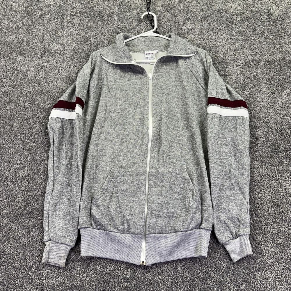 Vtg Active Wear Sweatshirt Mens LT Gray Fleece Full Zip Track Tall Striped USA